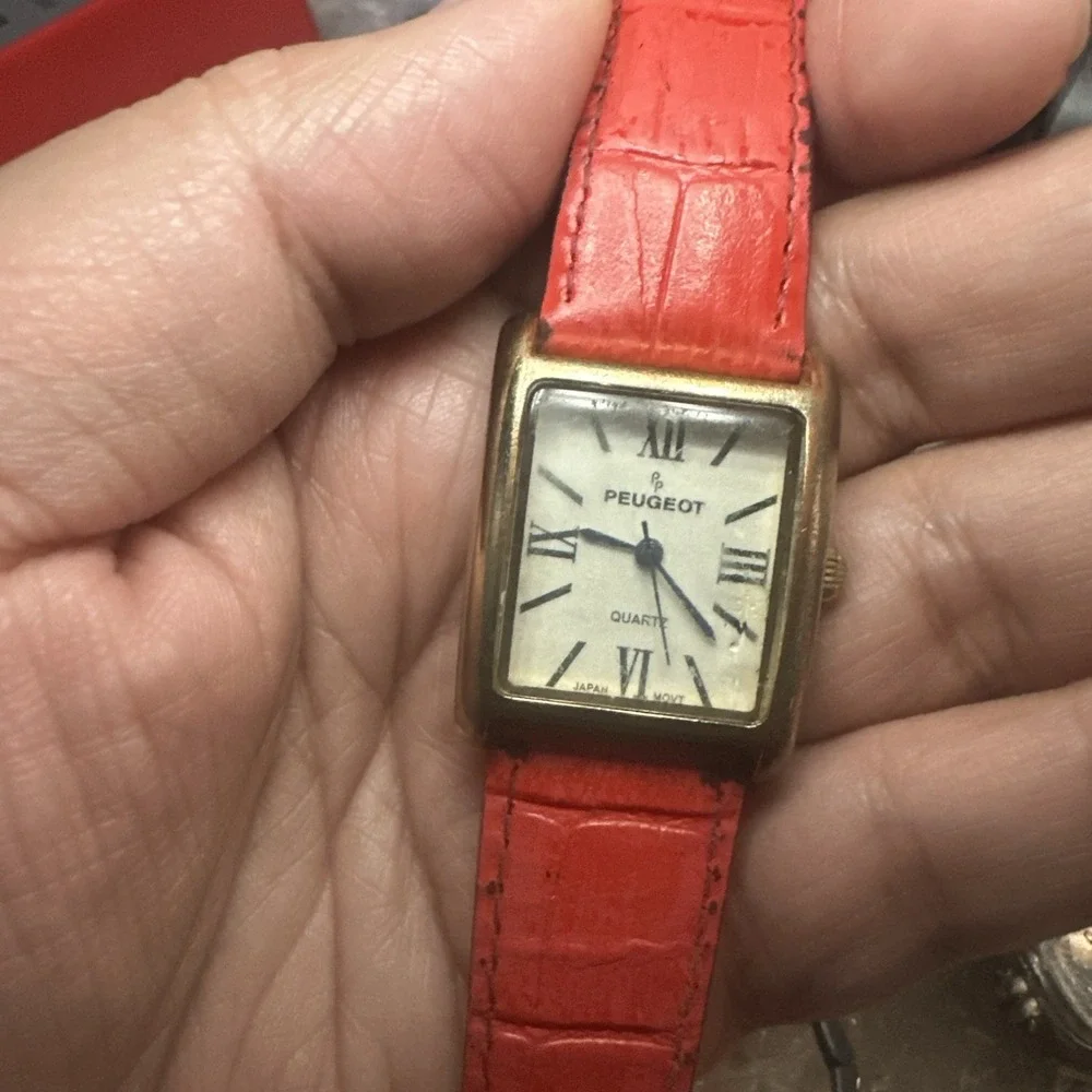Works Peugeot 3036 Women's Tank Watch Red Croc Leather Strap Roman Quartz 27mm